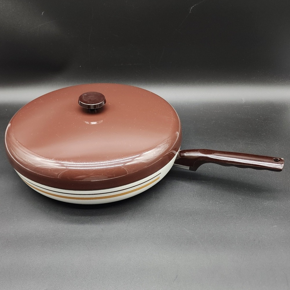 West Bend VTG 12" Brown Cream Striped Skillet Pan Lid Retro MCM Kitchen Cookware